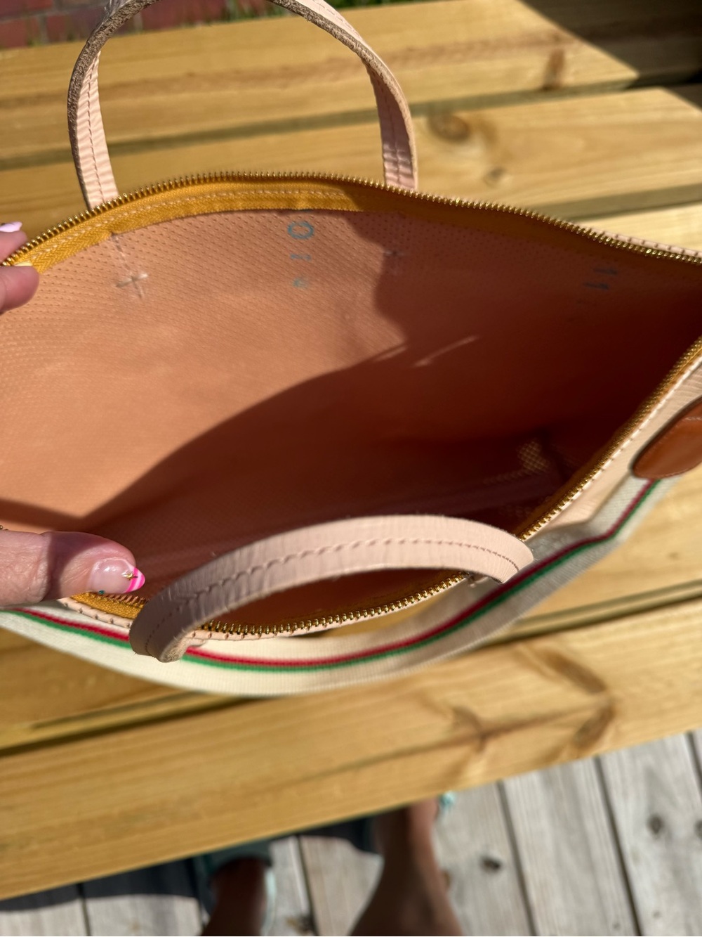 Clare V Blush Pink Perforated Tote with Striped Shoulder Strap - Picture 9 of 14
